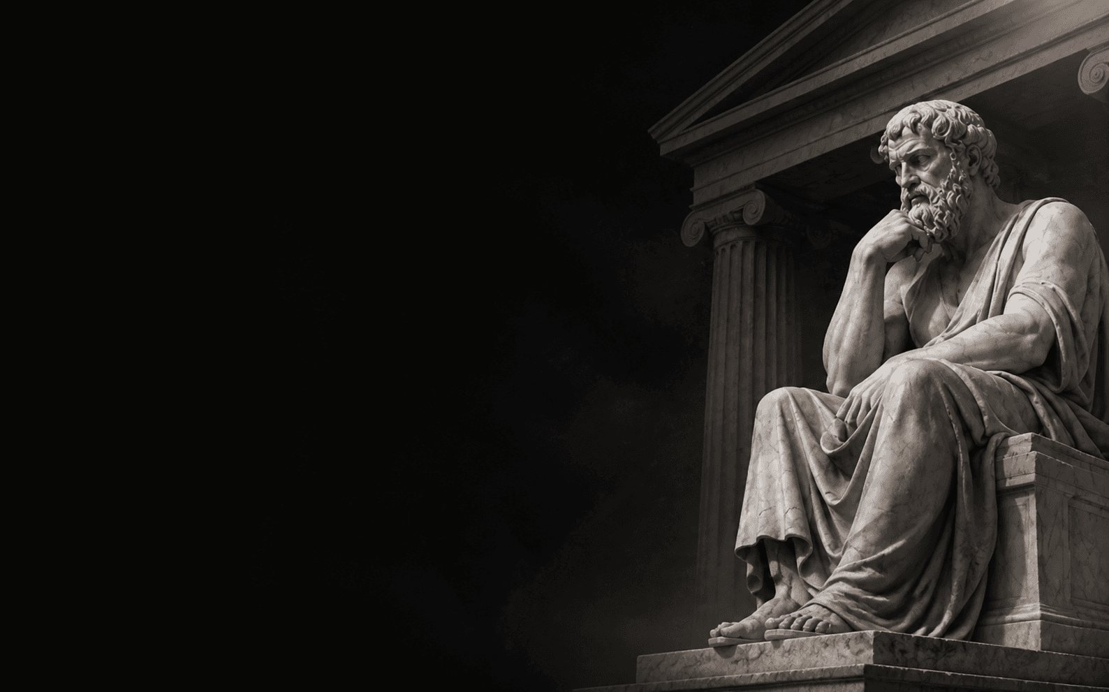 Marble philosopher seated beside classical columns